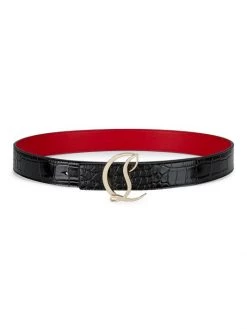 Christian Louboutin Reversible Logo Croc-Embossed Leather Belt Biscotto Gold